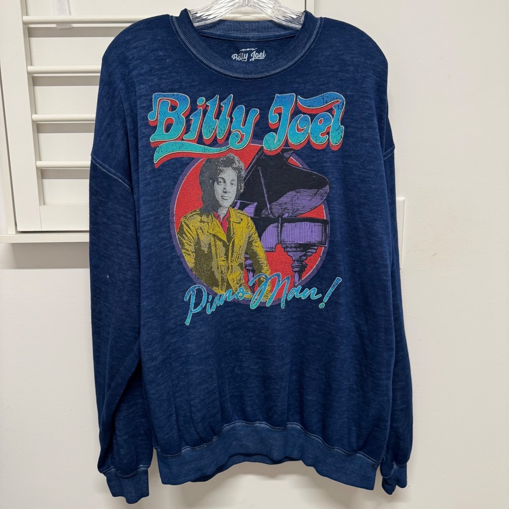 Billy Joel Piano Man Graphic Sweatshirt Blue Heathered Rock Band Pullover Large
